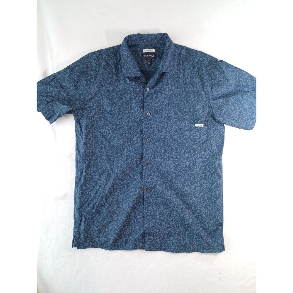 Jos A Bank Mens Medium Button Up Shirt Blue Floral Short Sleeve Cotton Tradition